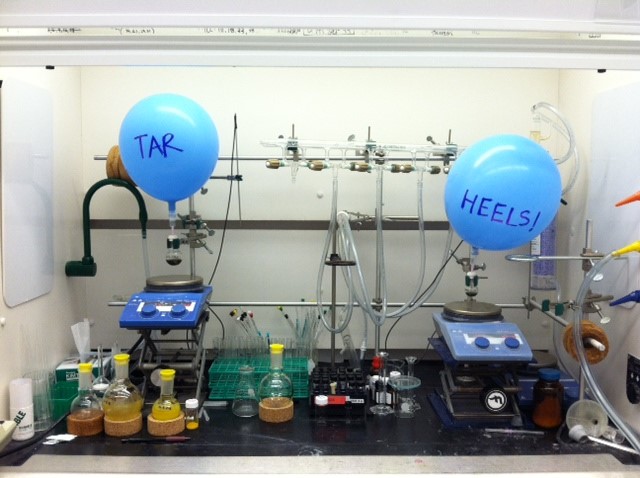 Balloons temporarily hold gases in a chemical hood. These blue balloons were decorated, one with the word TAR and the other with the word HEELS.