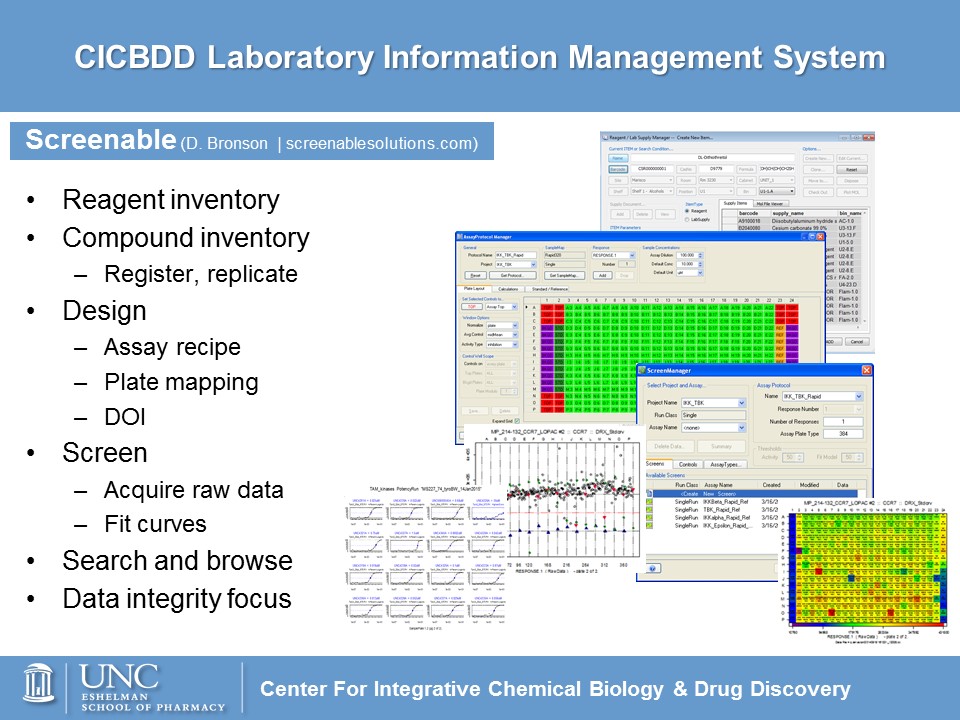 Screenable Solutions-Reagent inventory, Compound Inventory, Design-assay recipe-plate mapping-DOI, Screen, Search, Browse, Data Integrity 